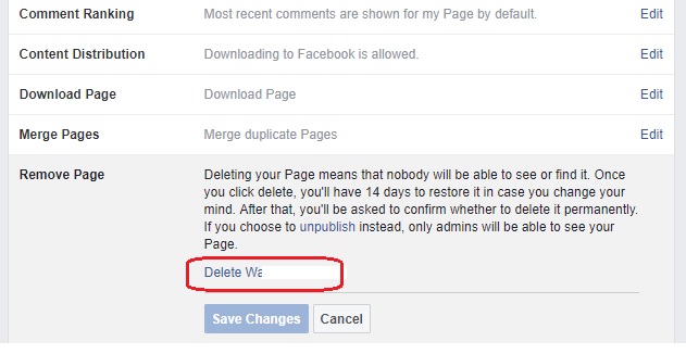delete facebook page step 2