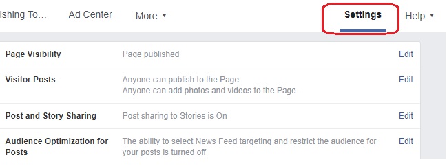 delete facebook page step 1